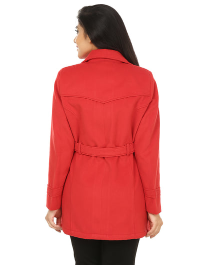 Excent Women’s Woollen Tweed Belted Coat – Classic Long Winter Jacket in Red| Elegant Warm Overcoat for Women