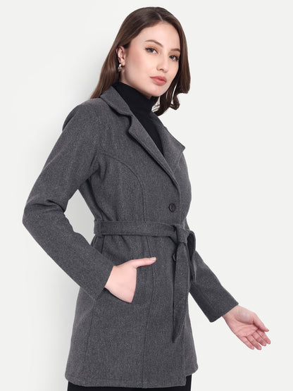Excent Women’s Woollen Regular Coat with Belt – Elegant Winter Wear | Dark Grey