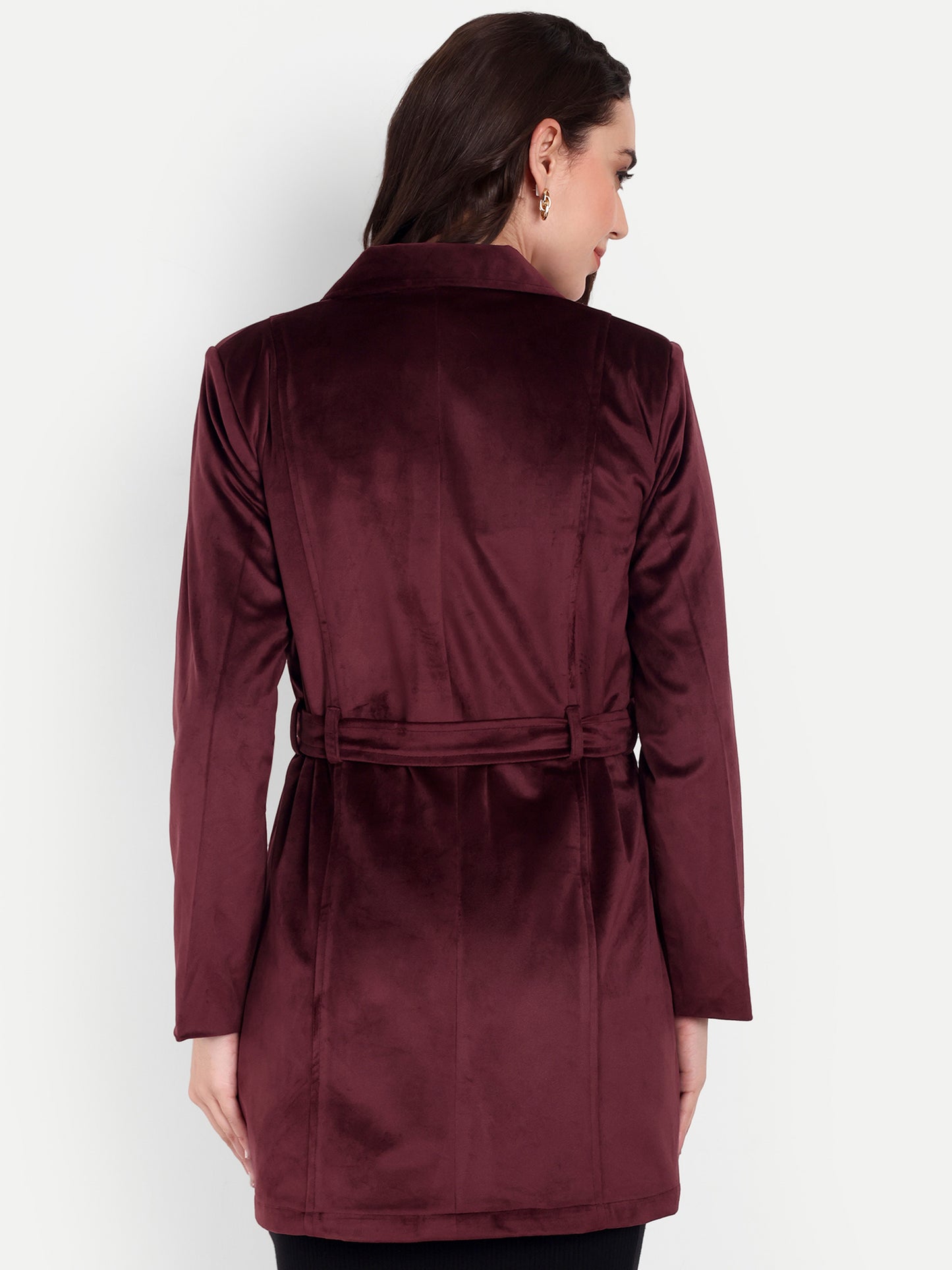 Excent Women’s Velvet Long Coat – Elegant Belted Winter Jacket in Wine | Premium Soft Velvet Overcoat for Women