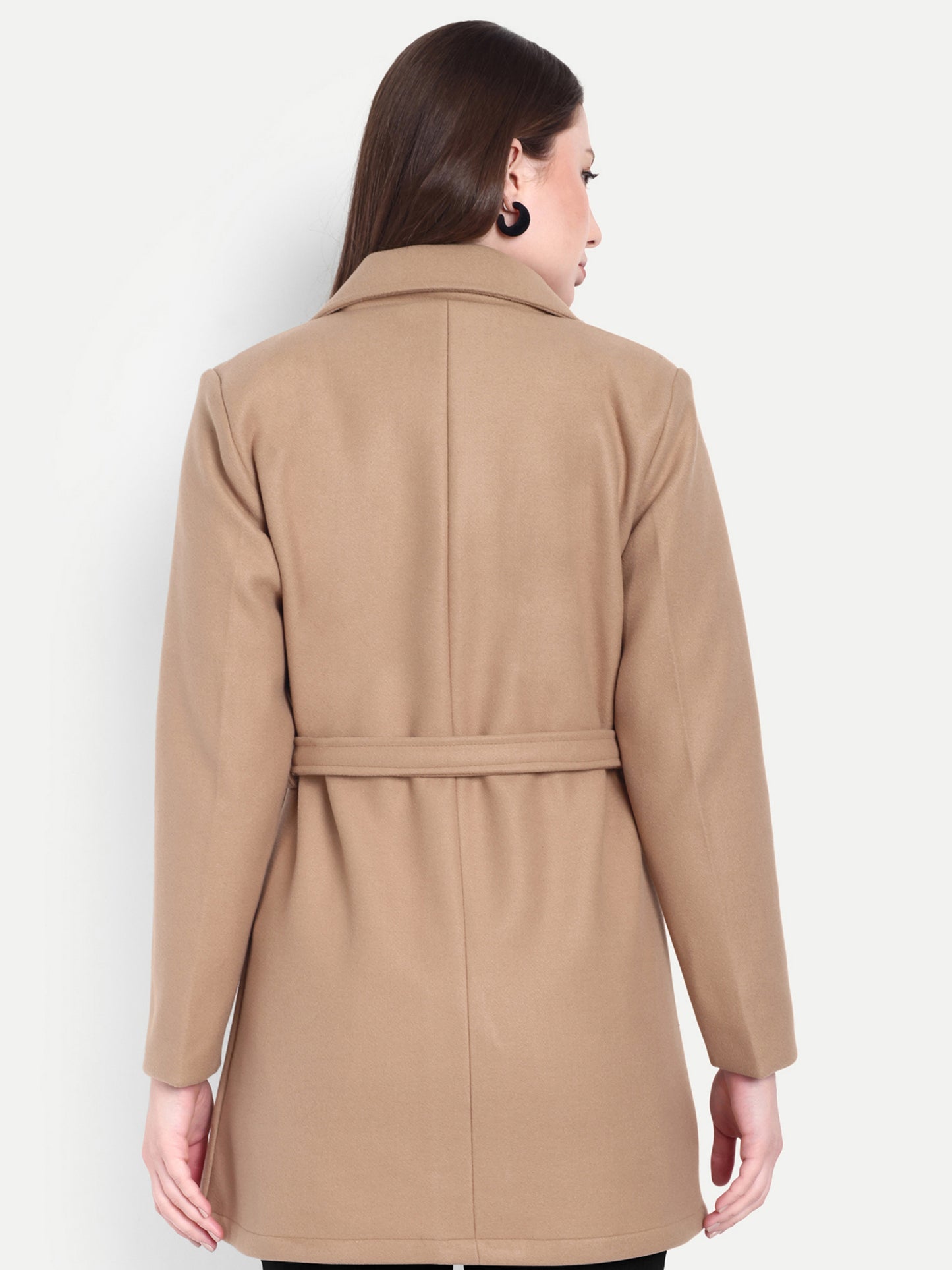 Excent Women’s Woollen Regular Coat with Belt – Elegant Winter Wear | CAMEL BEIGE