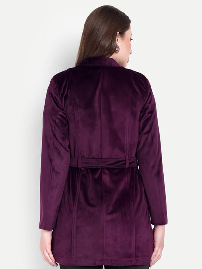 Excent Women’s Velvet Long Coat – Elegant Belted Winter Jacket in Purple| Premium Soft Velvet Overcoat for Women