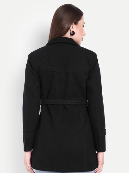 Excent Women’s Woollen Tweed Belted Coat – Classic Long Winter Jacket in Black| Elegant Warm Overcoat for Women