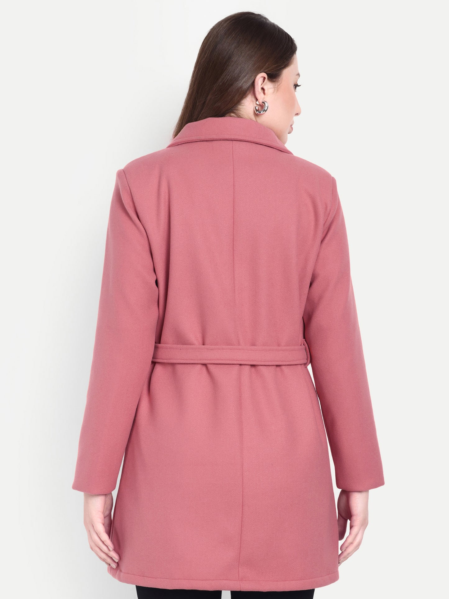 Excent Women’s Woollen Regular Coat with Belt – Elegant Winter Wear | Coral Pink