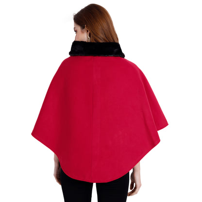 Excent Women’s Free Size Woollen Poncho with Faux Fur Collar – Elegant Winter Cape in Red