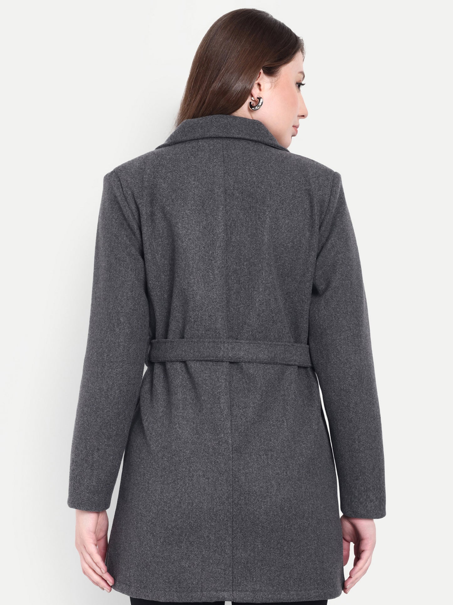 Excent Women’s Woollen Regular Coat with Belt – Elegant Winter Wear | Dark Grey