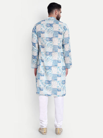 Premium Light Blue Patch-Printed Kurta Pajama Set for Men with Subtle Sequin Embellishments – Elegant Ethnic Wear for All Occasions