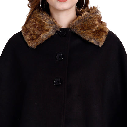 Excent Women’s Free Size Woollen Poncho with Faux Fur Collar – Elegant Winter Cape in Black
