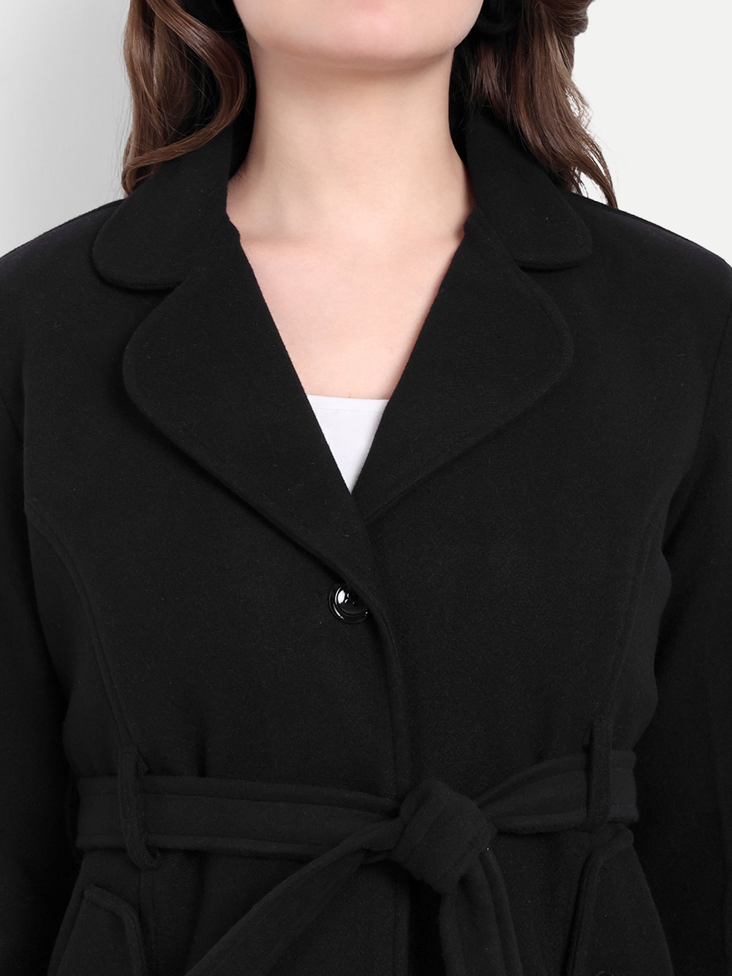 Excent Women’s Woollen Tweed Belted Coat – Classic Long Winter Jacket in Black| Elegant Warm Overcoat for Women