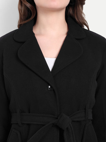 Excent Women’s Woollen Tweed Belted Coat – Classic Long Winter Jacket in Black| Elegant Warm Overcoat for Women