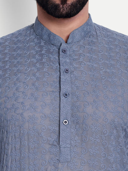 Grey Chikankari Kurta Pyjama Set for Men – Cotton Blend Ethnic Wear | Elegant Traditional Outfit