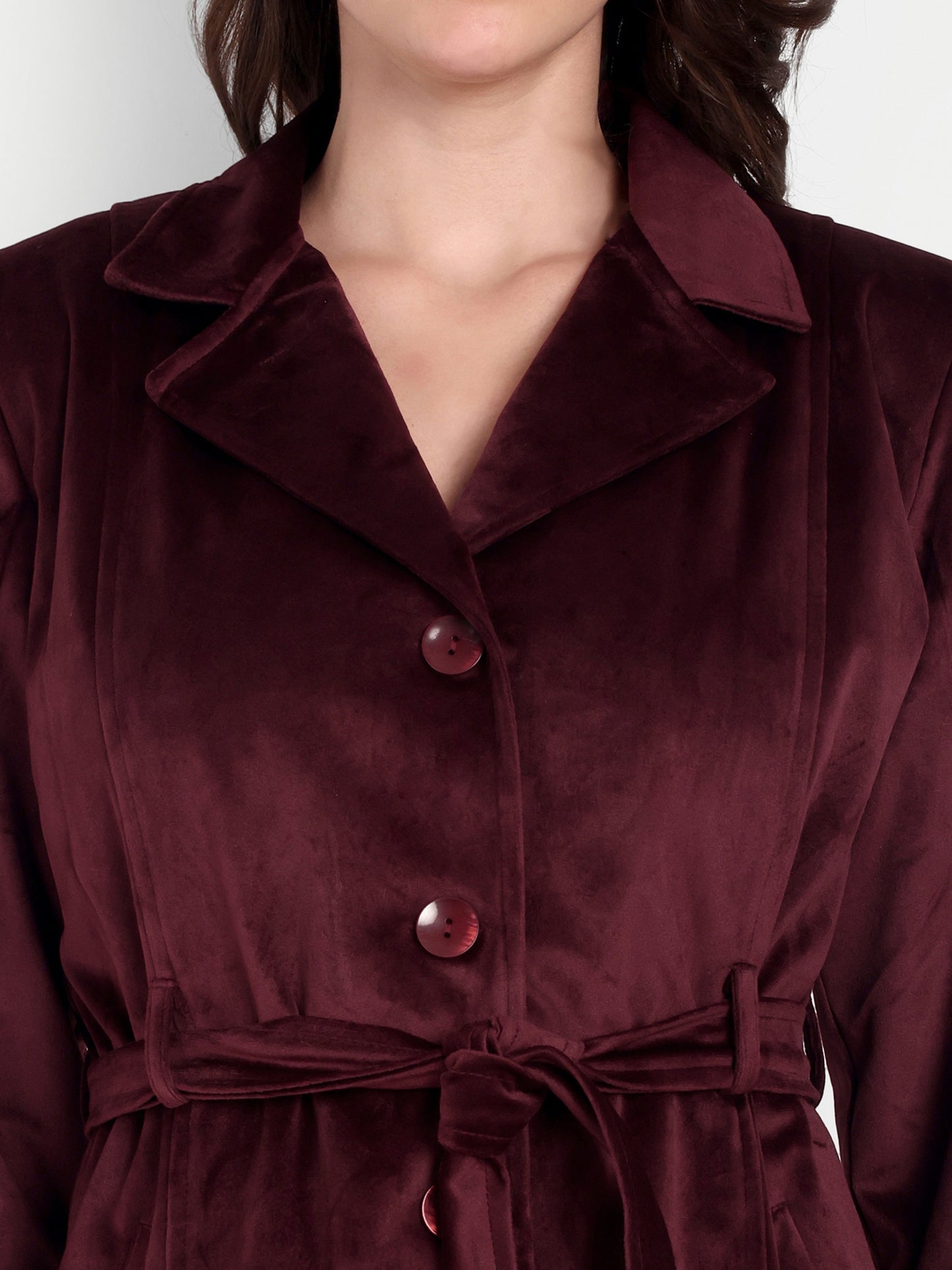 Excent Women’s Velvet Long Coat – Elegant Belted Winter Jacket in Wine | Premium Soft Velvet Overcoat for Women