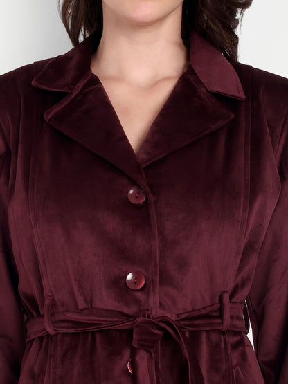 Excent Women’s Velvet Long Coat – Elegant Belted Winter Jacket in Wine | Premium Soft Velvet Overcoat for Women
