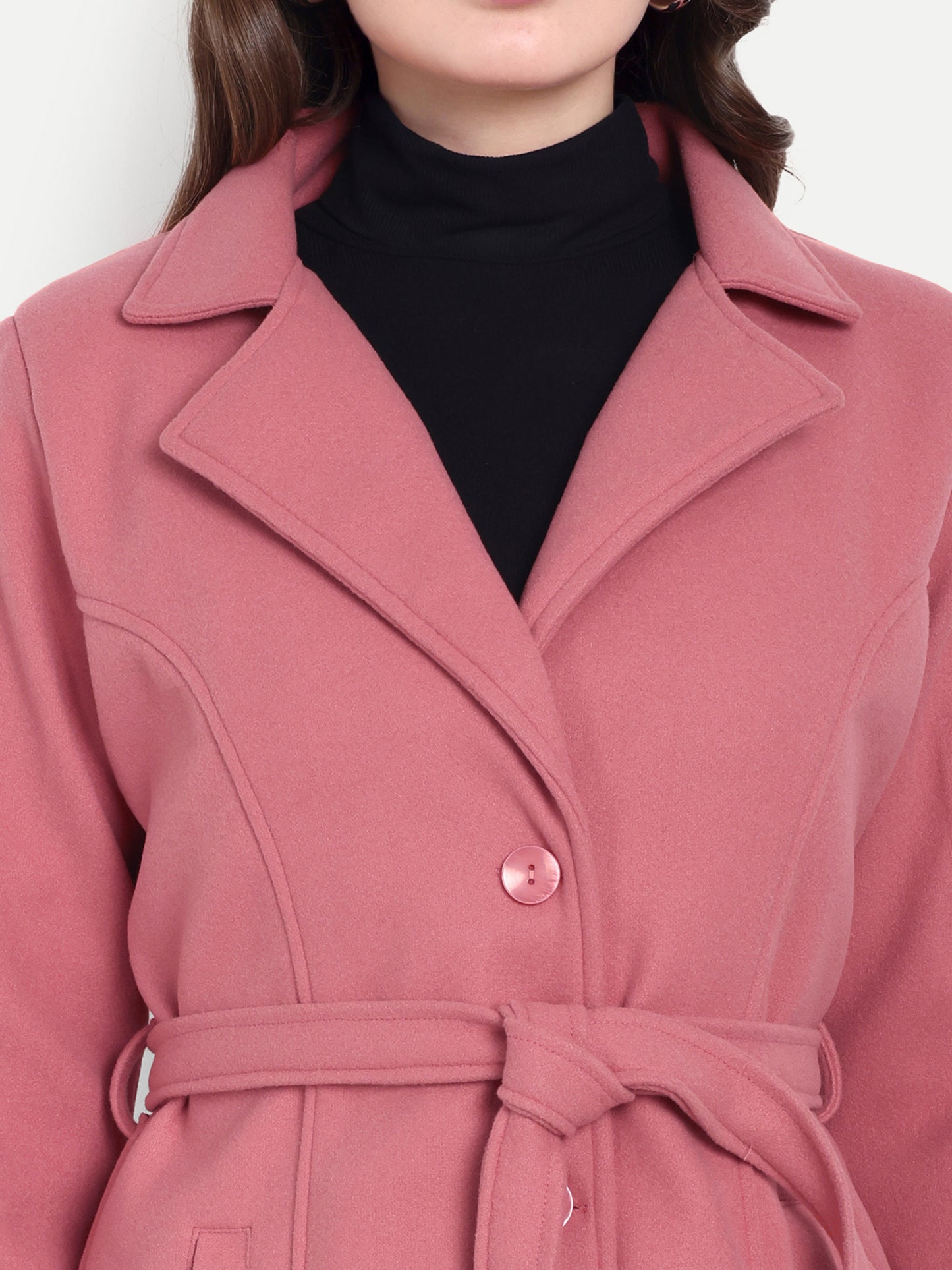 Excent Women’s Woollen Regular Coat with Belt – Elegant Winter Wear | Coral Pink