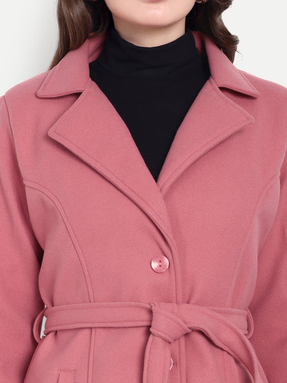 Excent Women’s Woollen Regular Coat with Belt – Elegant Winter Wear | Coral Pink