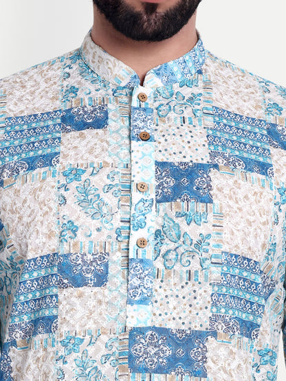 Premium Light Blue Patch-Printed Kurta Pajama Set for Men with Subtle Sequin Embellishments – Elegant Ethnic Wear for All Occasions