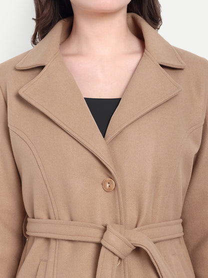 Excent Women’s Woollen Regular Coat with Belt – Elegant Winter Wear | CAMEL BEIGE