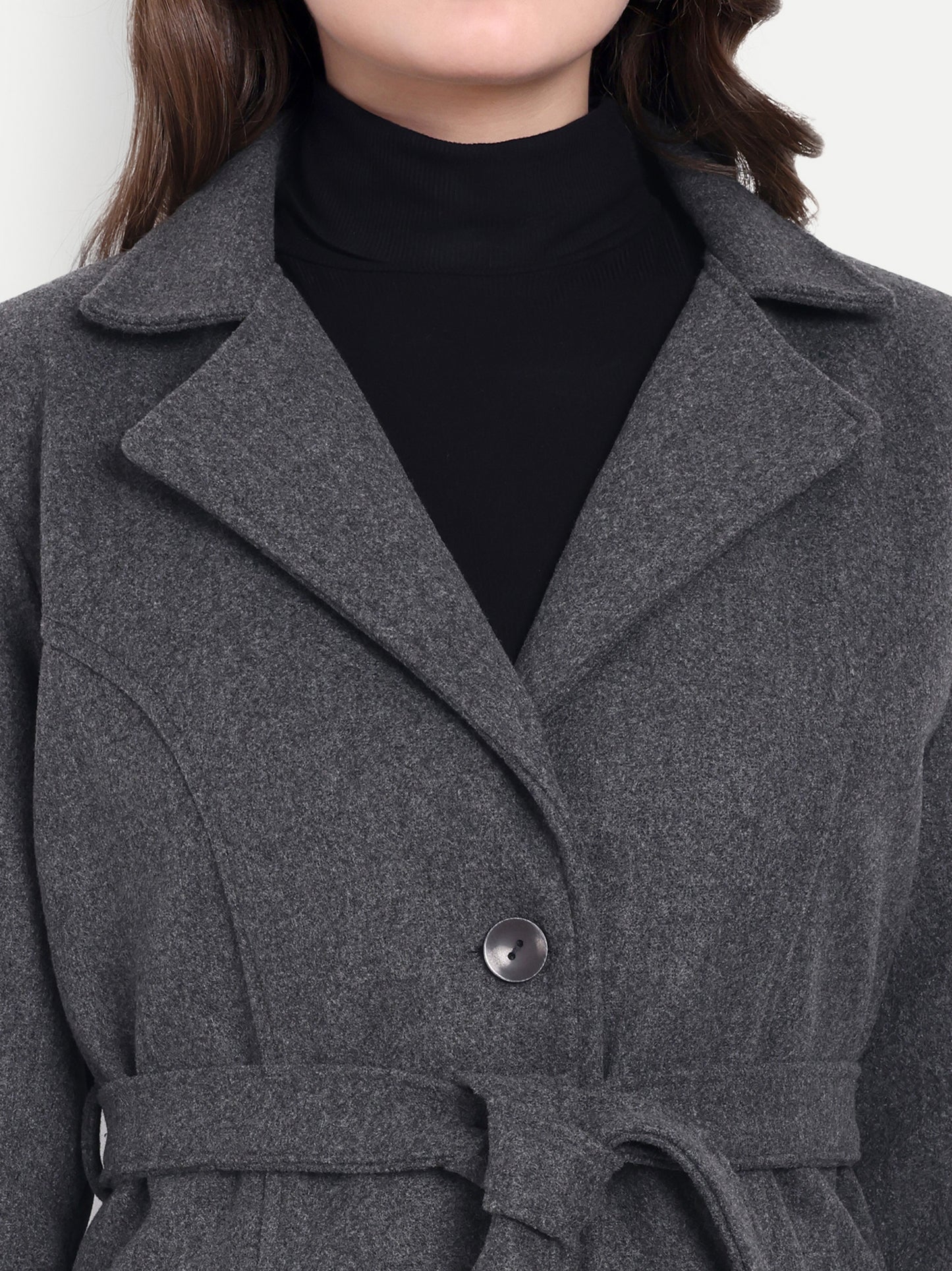 Excent Women’s Woollen Regular Coat with Belt – Elegant Winter Wear | Dark Grey