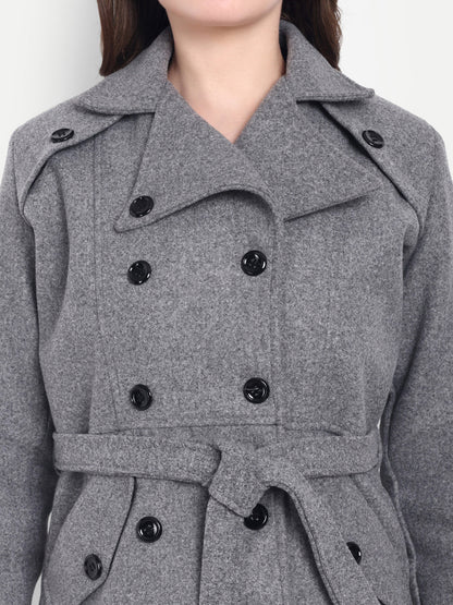 Excent Women’s Woollen Tweed Belted Coat – Classic Double-Breasted Winter Wear | Drak Grey
