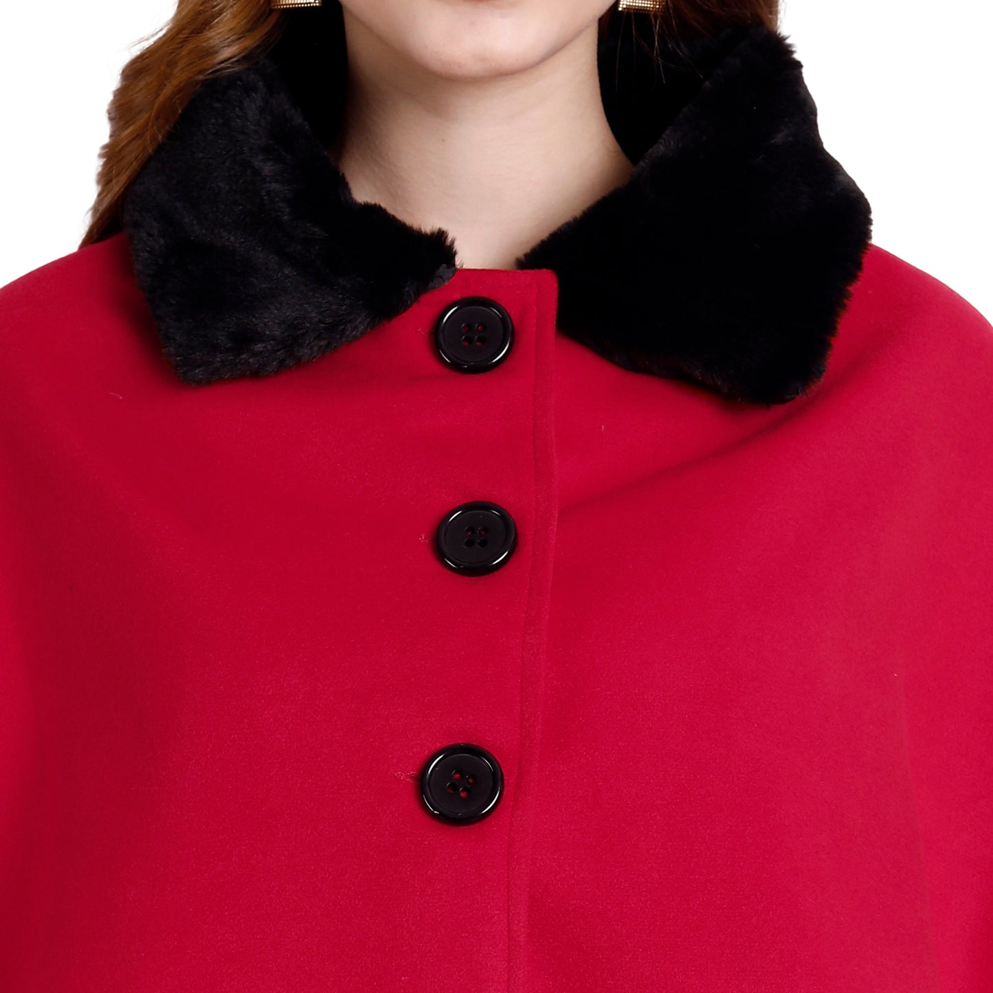 Excent Women’s Free Size Woollen Poncho with Faux Fur Collar – Elegant Winter Cape in Red