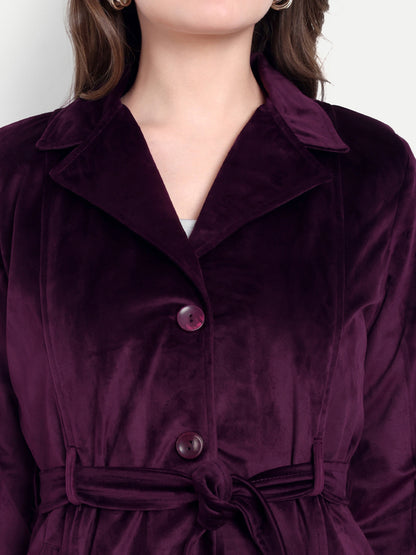 Excent Women’s Velvet Long Coat – Elegant Belted Winter Jacket in Purple| Premium Soft Velvet Overcoat for Women