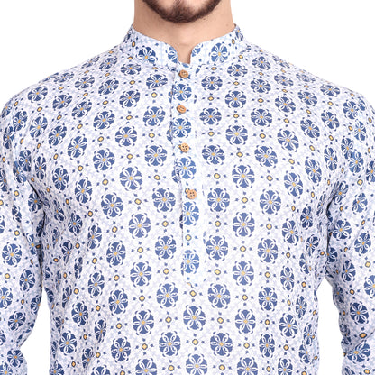 Elegant White & Blue Printed Kurta Pajama Set for Men | Festive & Traditional Occasions