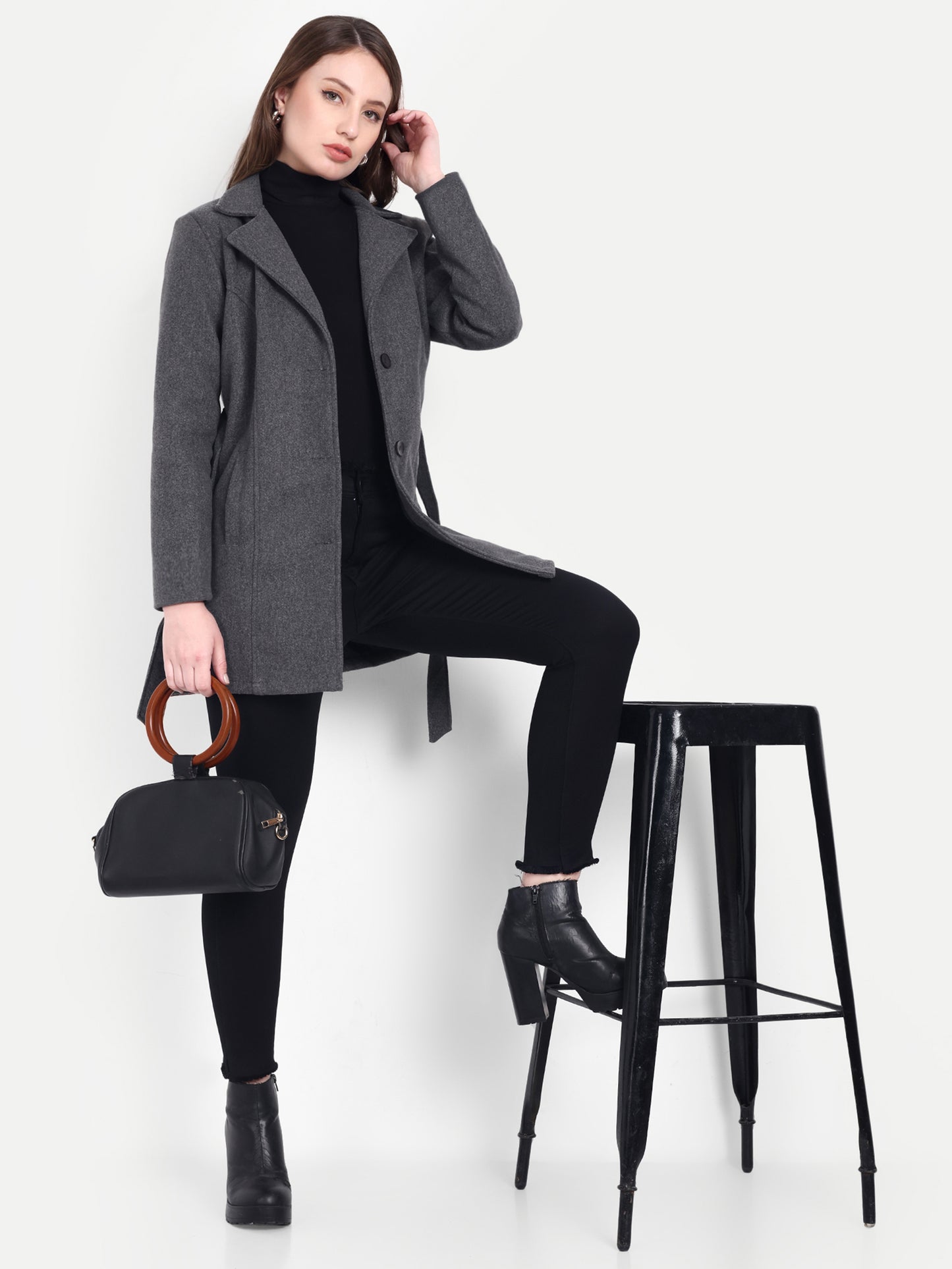 Excent Women’s Woollen Regular Coat with Belt – Elegant Winter Wear | Dark Grey