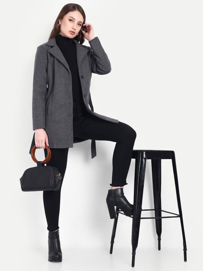 Excent Women’s Woollen Regular Coat with Belt – Elegant Winter Wear | Dark Grey