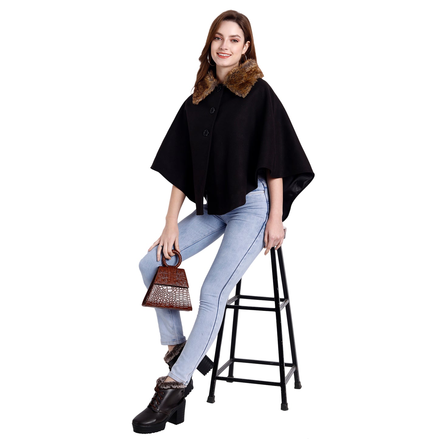Excent Women’s Free Size Woollen Poncho with Faux Fur Collar – Elegant Winter Cape in Black