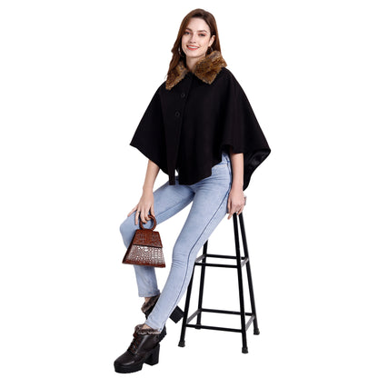Excent Women’s Free Size Woollen Poncho with Faux Fur Collar – Elegant Winter Cape in Black