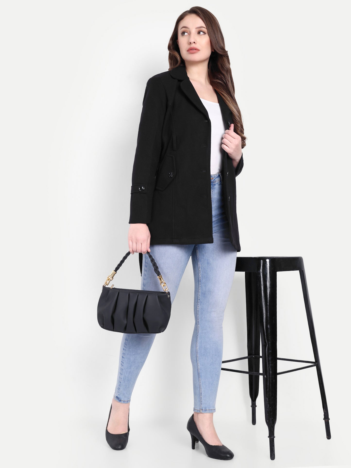 Excent Women’s Woollen Tweed Belted Coat – Classic Long Winter Jacket in Black| Elegant Warm Overcoat for Women