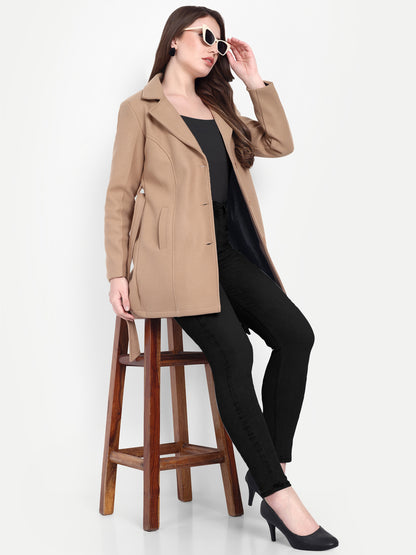 Excent Women’s Woollen Regular Coat with Belt – Elegant Winter Wear | CAMEL BEIGE