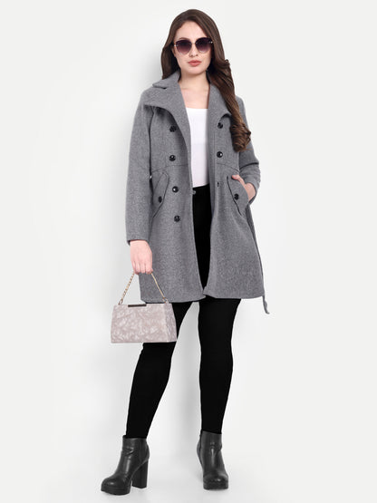 Excent Women’s Woollen Tweed Belted Coat – Classic Double-Breasted Winter Wear | Drak Grey