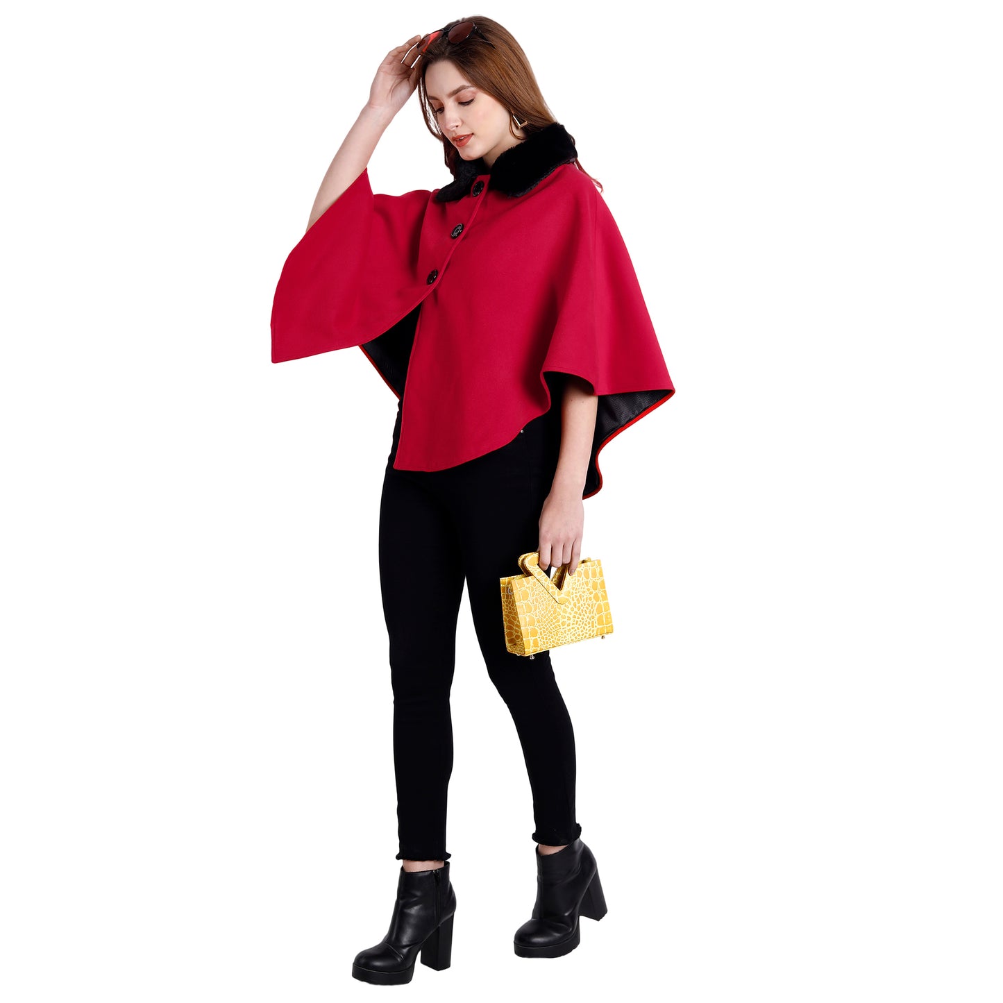 Excent Women’s Free Size Woollen Poncho with Faux Fur Collar – Elegant Winter Cape in Red