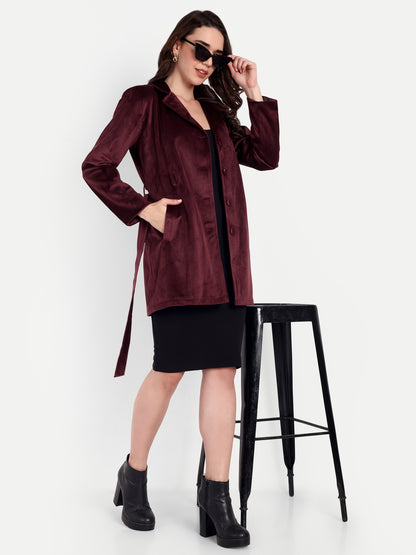 Excent Women’s Velvet Long Coat – Elegant Belted Winter Jacket in Wine | Premium Soft Velvet Overcoat for Women