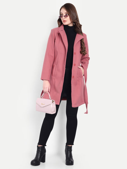 Excent Women’s Woollen Regular Coat with Belt – Elegant Winter Wear | Coral Pink