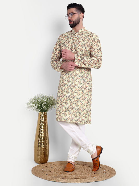 Cream Mosaic-Print Kurta Pajama Set with Subtle Sequin Work – Perfect Blend of Tradition and Glamour