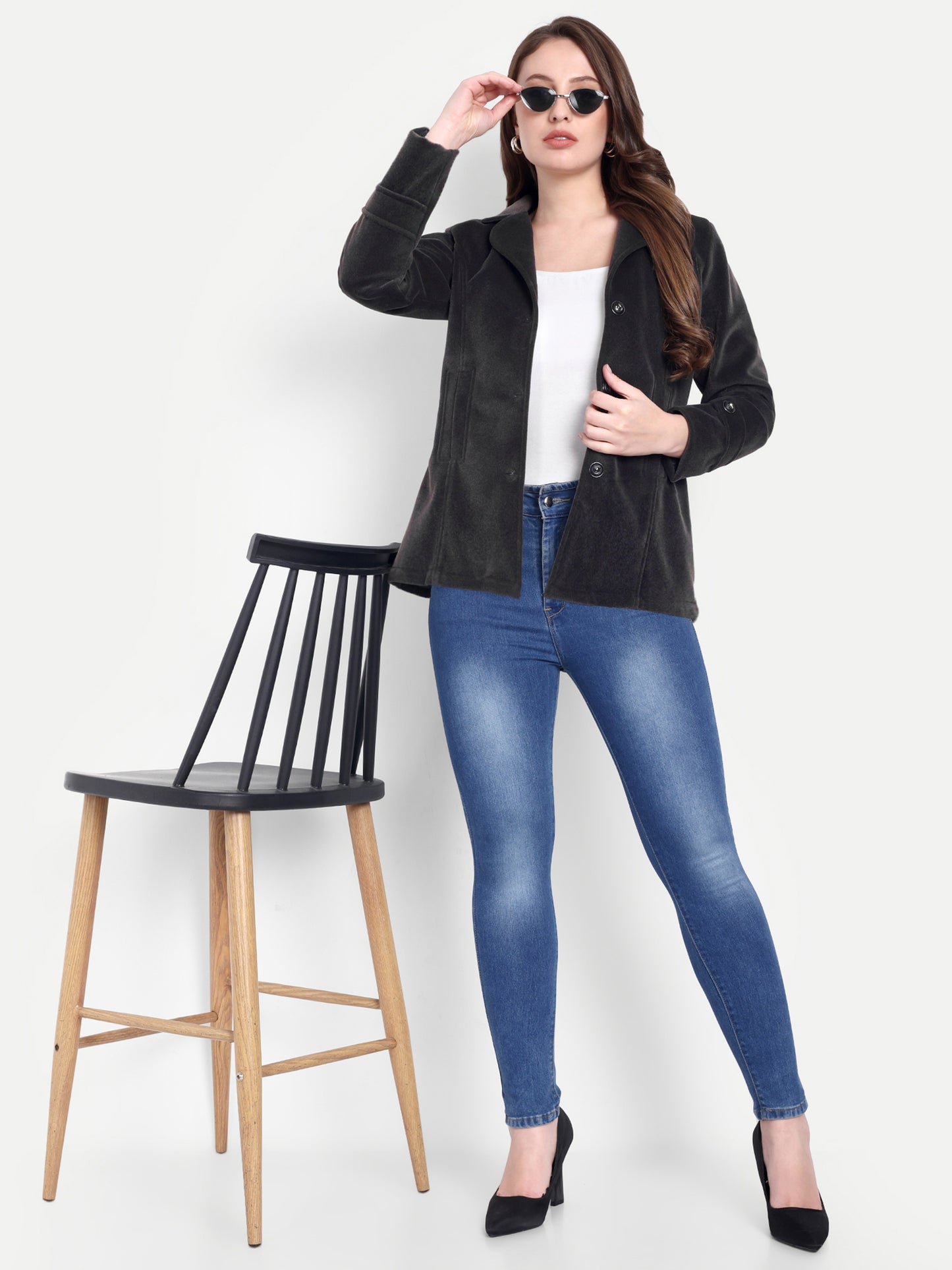 Excent Women’s Fur Velvet Short Winter Coat – Elegant Buttoned Jacket in Dark Grey | Soft, Warm & Stylish