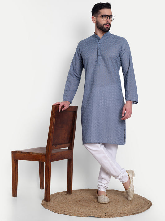 Grey Chikankari Kurta Pyjama Set for Men – Cotton Blend Ethnic Wear | Elegant Traditional Outfit