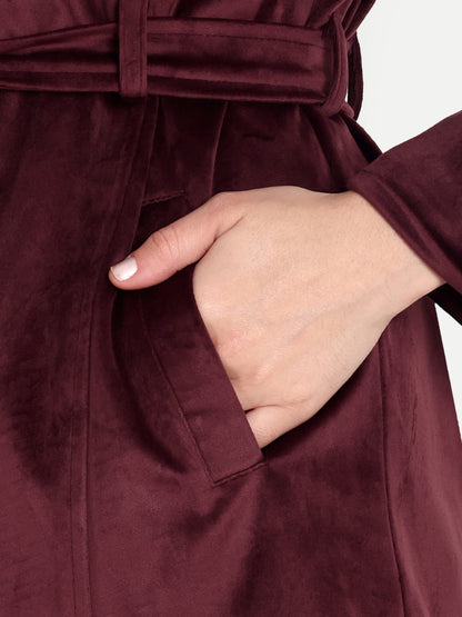 Excent Women’s Velvet Long Coat – Elegant Belted Winter Jacket in Wine | Premium Soft Velvet Overcoat for Women