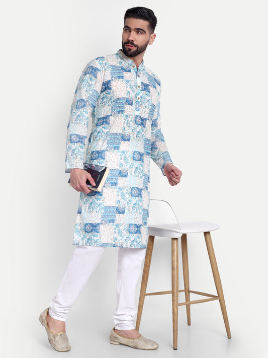 Premium Light Blue Patch-Printed Kurta Pajama Set for Men with Subtle Sequin Embellishments – Elegant Ethnic Wear for All Occasions