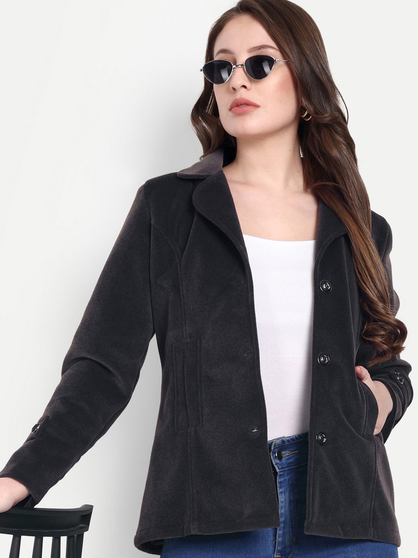 Excent Women’s Fur Velvet Short Winter Coat – Elegant Buttoned Jacket in Dark Grey | Soft, Warm & Stylish