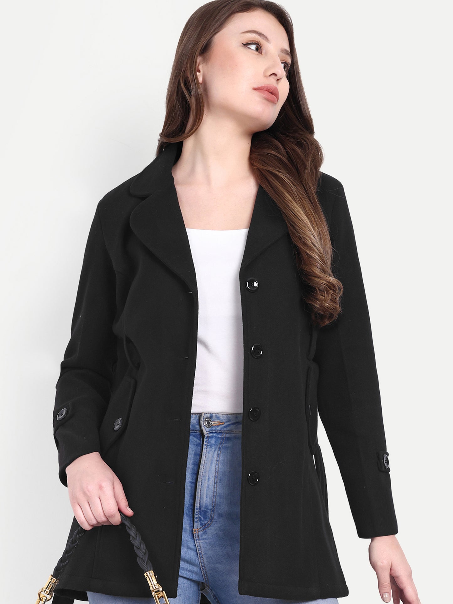 Excent Women’s Woollen Tweed Belted Coat – Classic Long Winter Jacket in Black| Elegant Warm Overcoat for Women