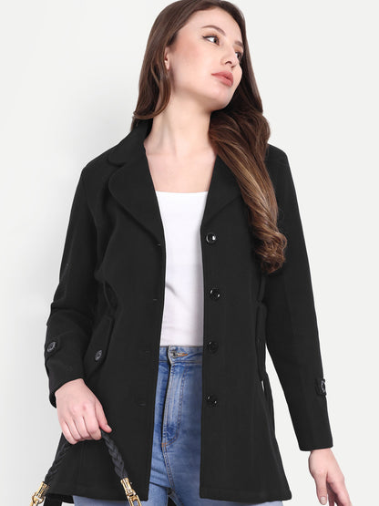 Excent Women’s Woollen Tweed Belted Coat – Classic Long Winter Jacket in Black| Elegant Warm Overcoat for Women