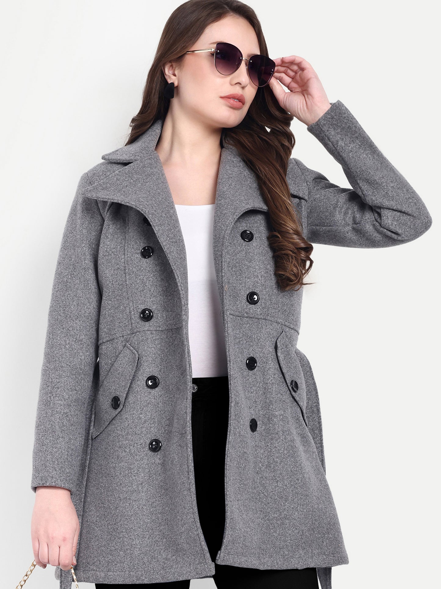 Excent Women’s Woollen Tweed Belted Coat – Classic Double-Breasted Winter Wear | Drak Grey