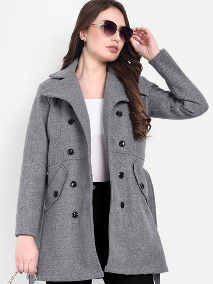 Excent Women’s Woollen Tweed Belted Coat – Classic Double-Breasted Winter Wear | Drak Grey