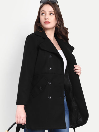 Excent Women’s Woollen Tweed Belted Coat – Classic Double-Breasted Winter Wear | Black