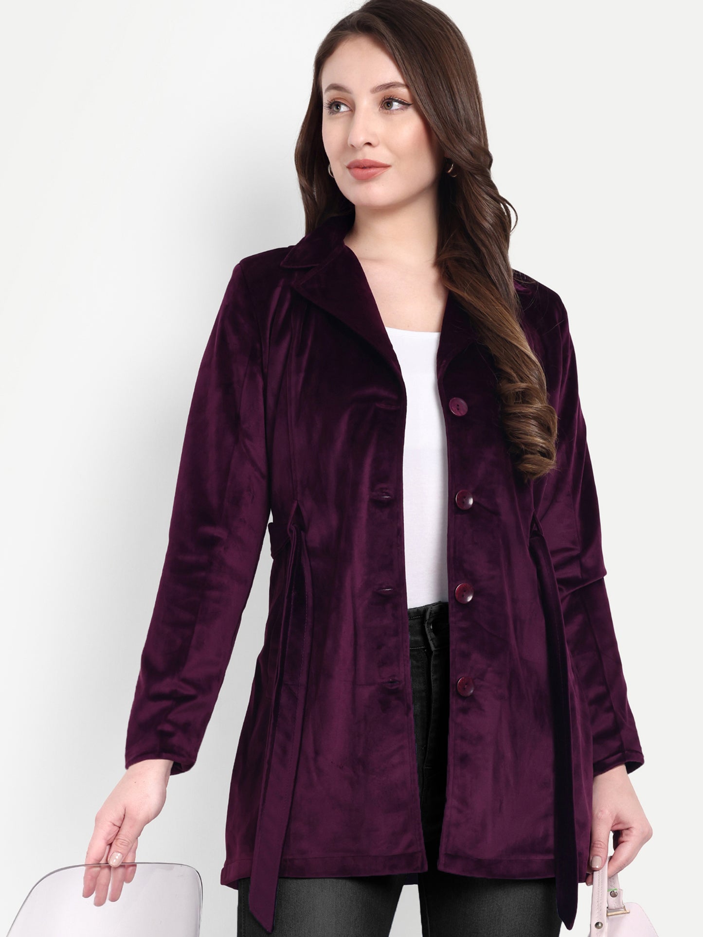 Excent Women’s Velvet Long Coat – Elegant Belted Winter Jacket in Purple| Premium Soft Velvet Overcoat for Women
