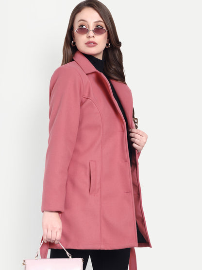 Excent Women’s Woollen Regular Coat with Belt – Elegant Winter Wear | Coral Pink