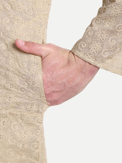 Beige Chikankari Kurta Pyjama Set for Men – Cotton Blend Ethnic Wear | Elegant Traditional Outfit