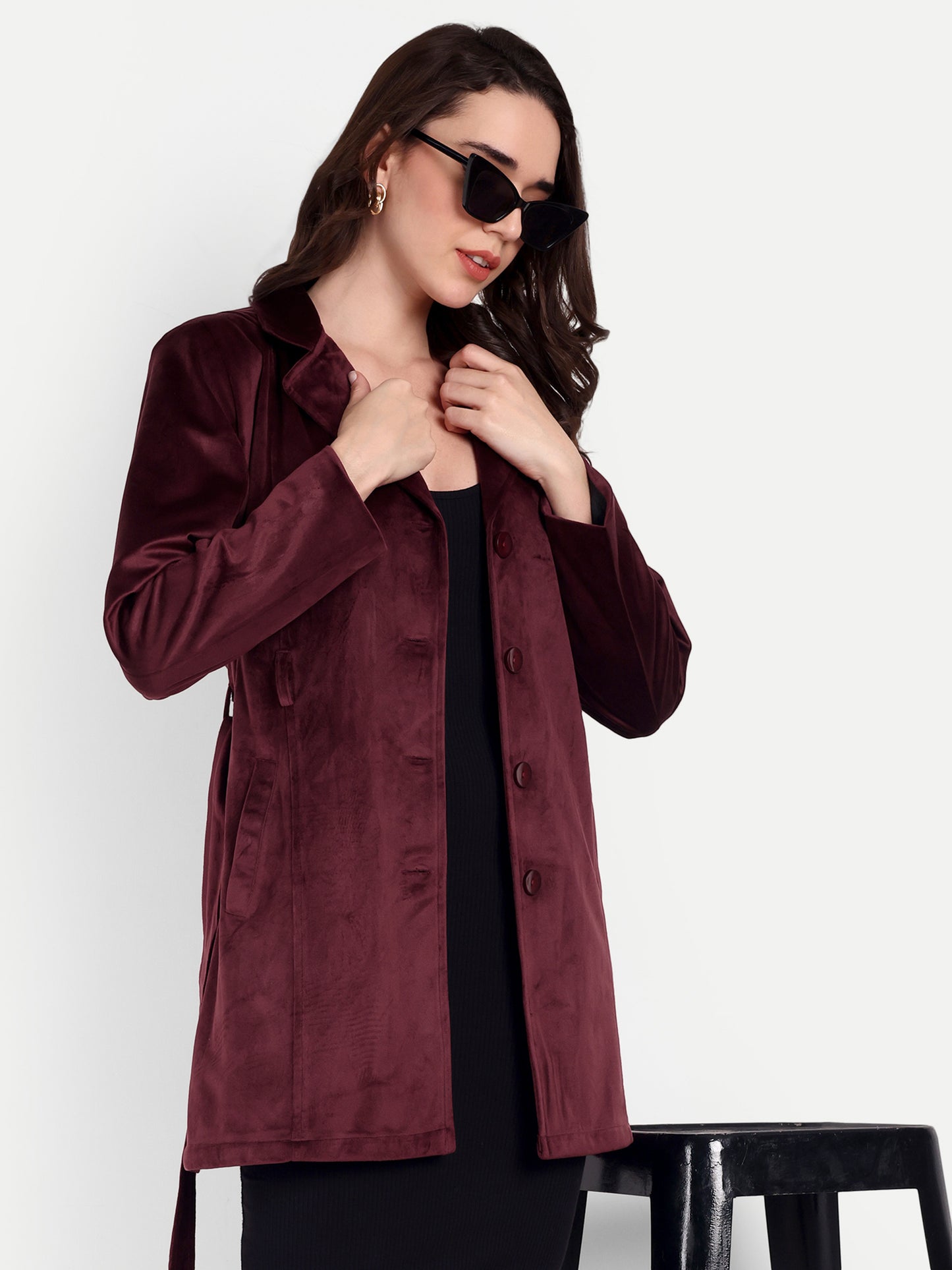 Excent Women’s Velvet Long Coat – Elegant Belted Winter Jacket in Wine | Premium Soft Velvet Overcoat for Women